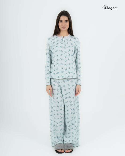 Ribbed V Neck PJ Powder Blue - Bow
