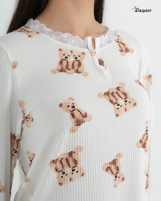 Ribbed V Neck PJ LS Offwhite - Teddy Bear
