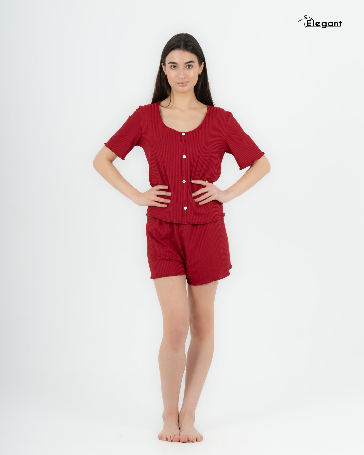 Ribbed PJ Shorts, Buttoned - Ruby Red