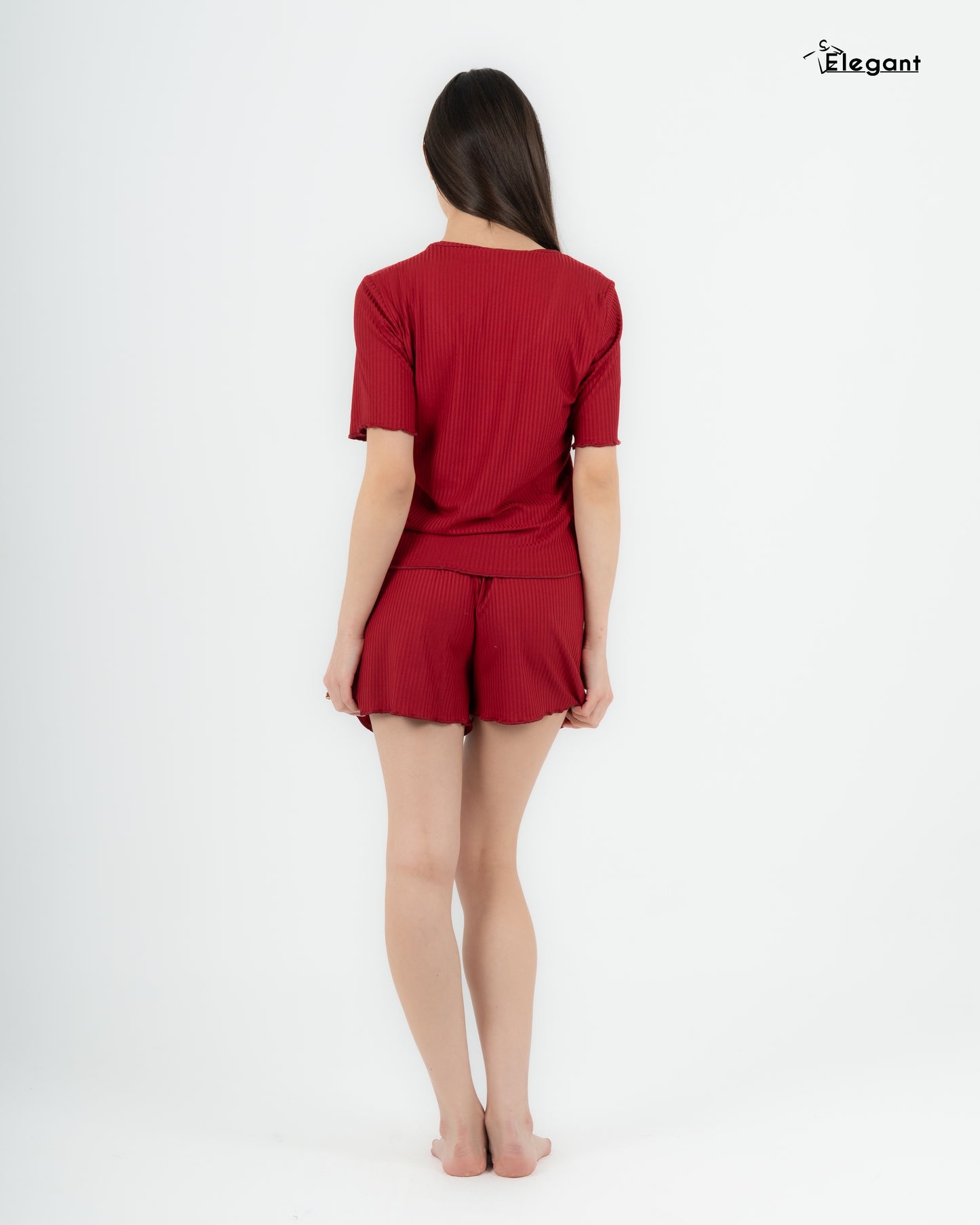 Ribbed PJ Shorts, Buttoned - Ruby Red
