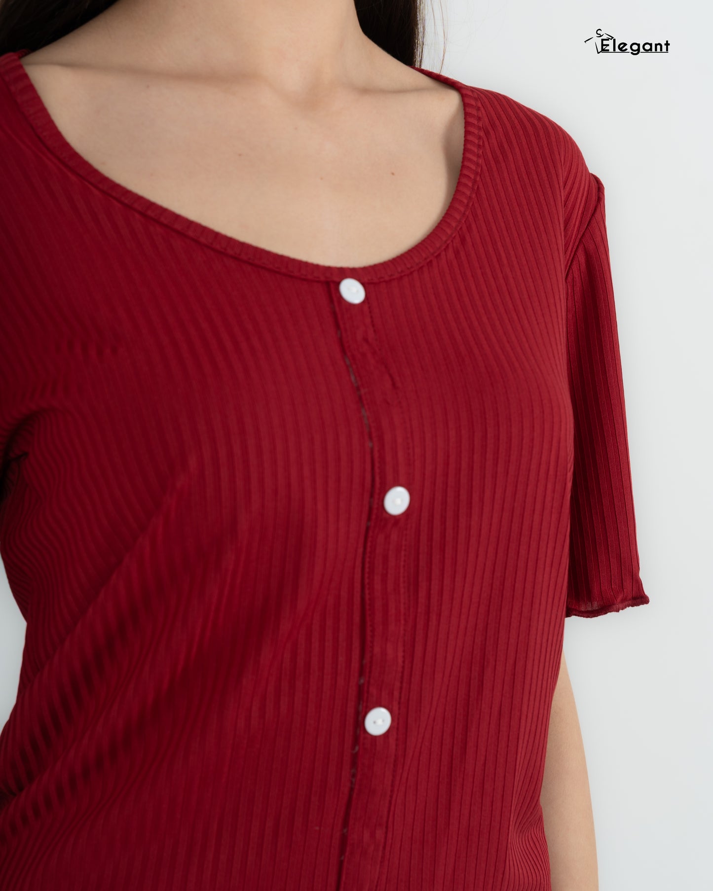 Ribbed PJ Shorts, Buttoned - Ruby Red