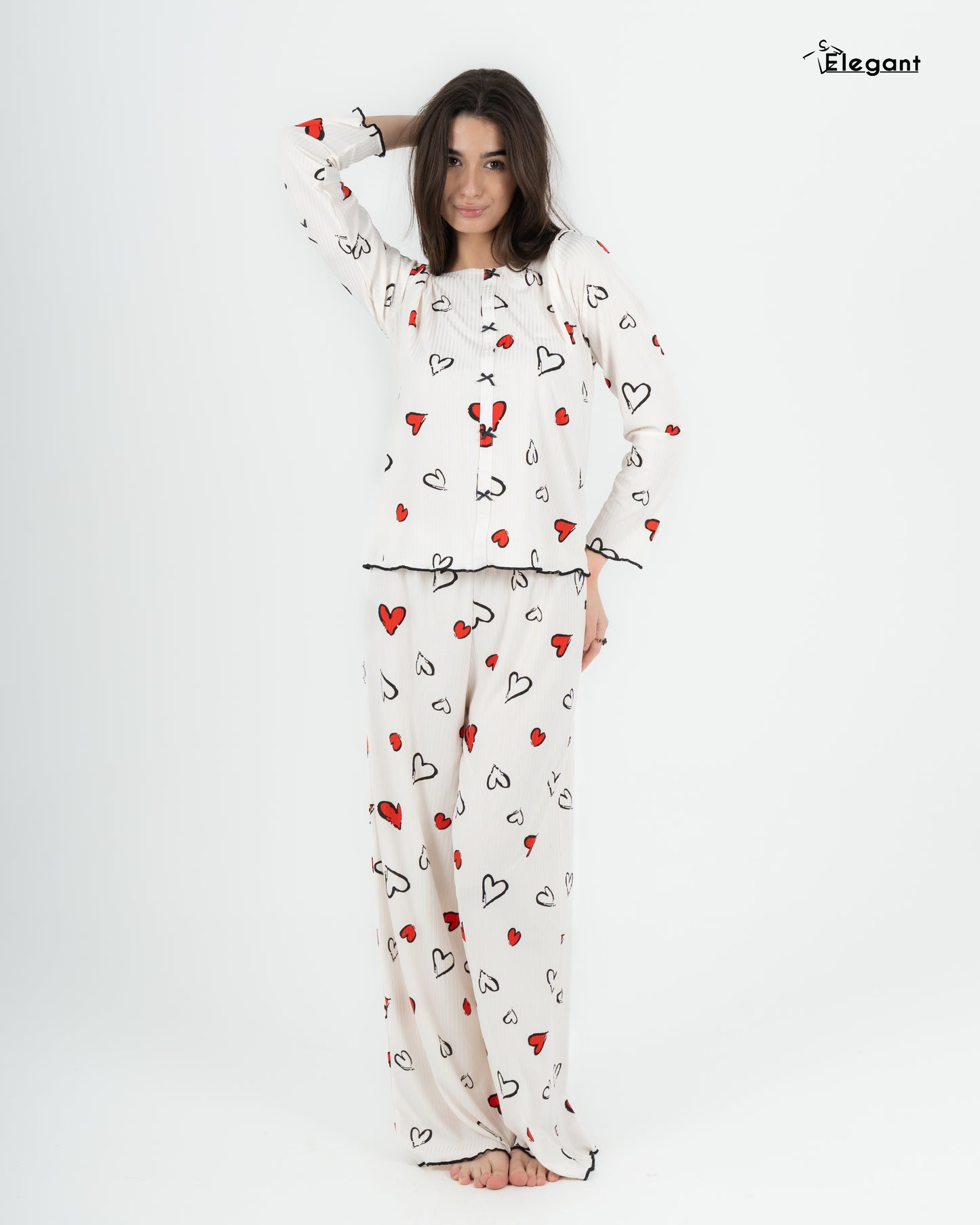 Ribbed Knot Front PJ Offwhite - Soft Hearts in Red