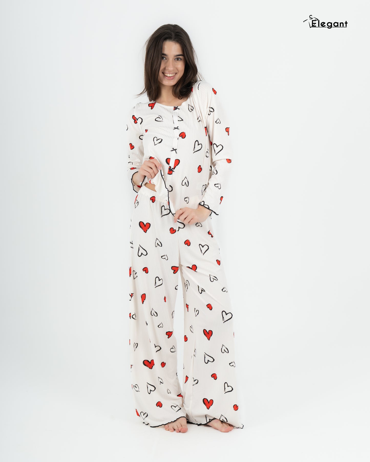 Ribbed Knot Front PJ Offwhite - Soft Hearts in Red