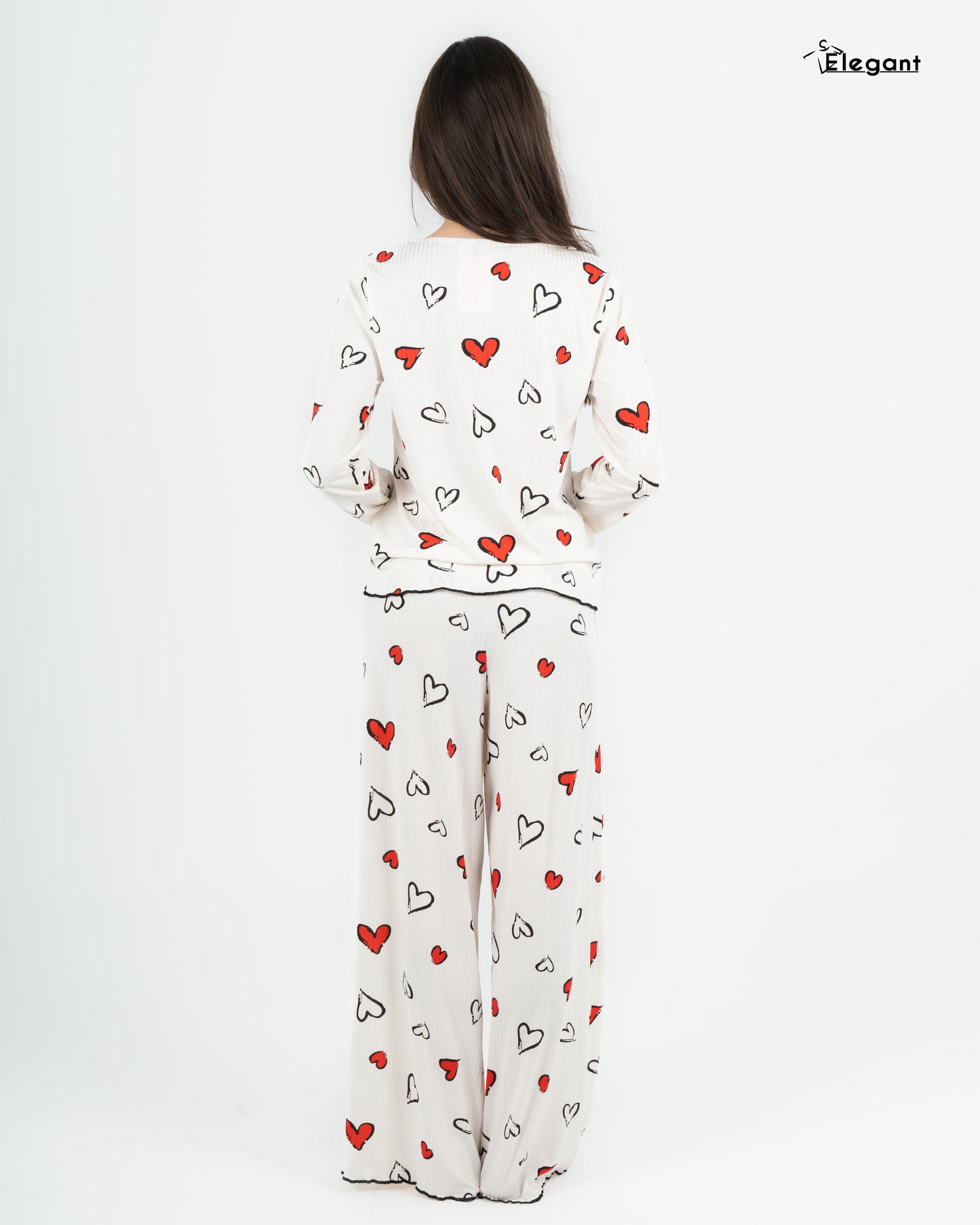 Ribbed Knot Front PJ Offwhite - Soft Hearts in Red