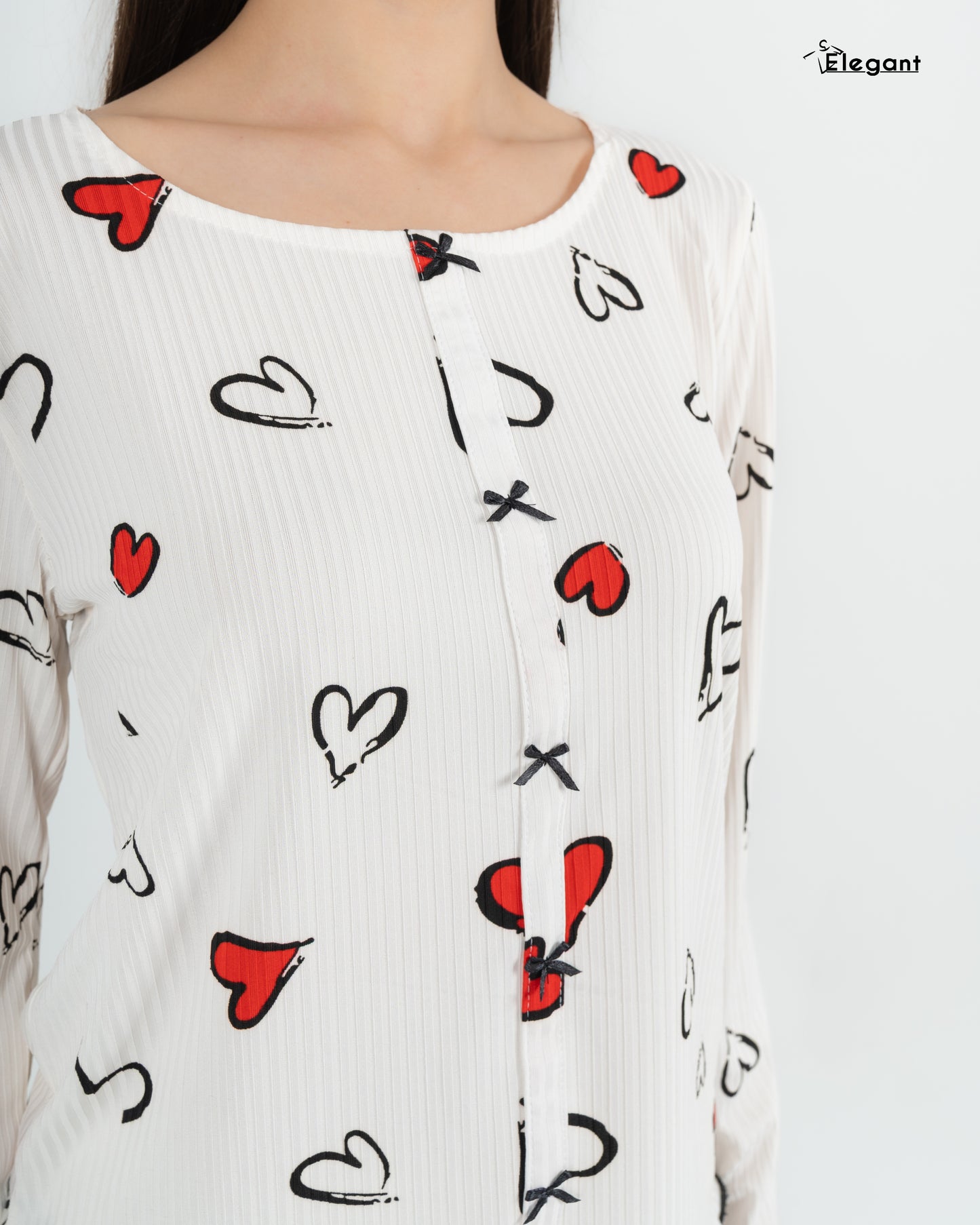 Ribbed Knot Front PJ Offwhite - Soft Hearts in Red