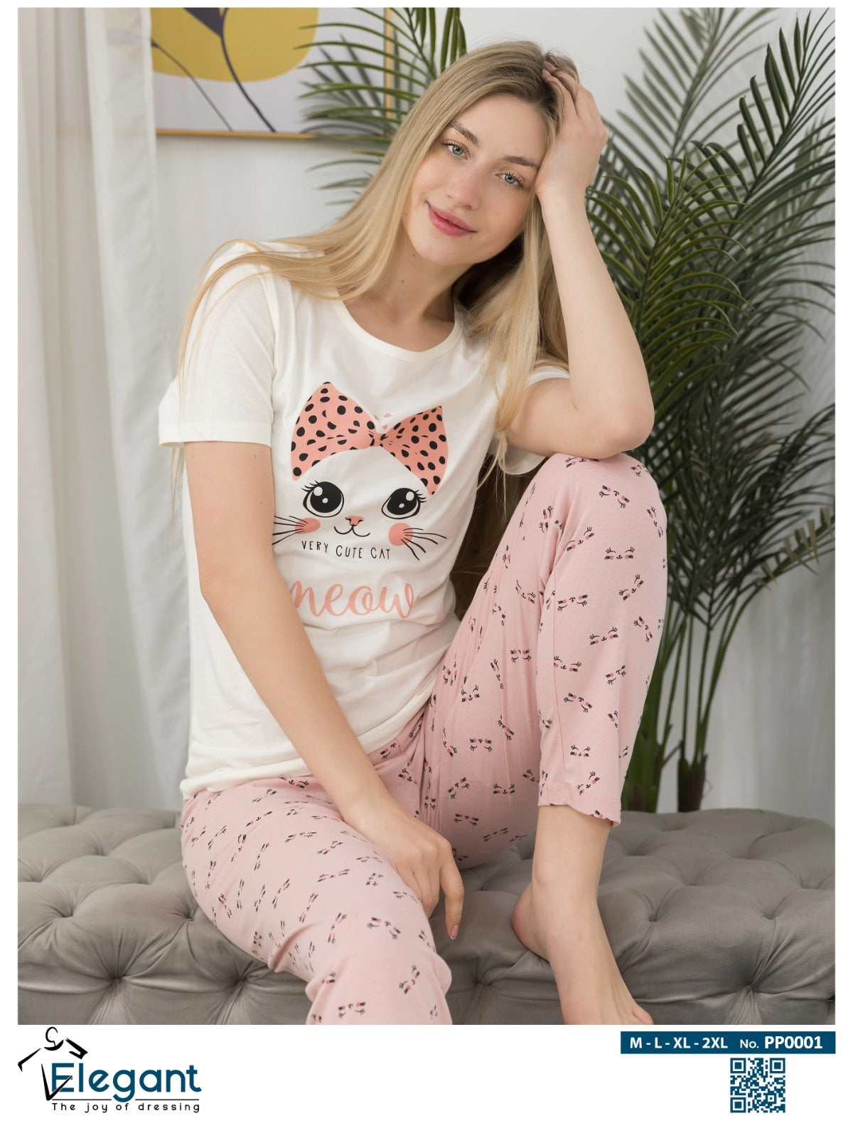 PJs Pants Cotton - Offwhite Rose - Cute Meow