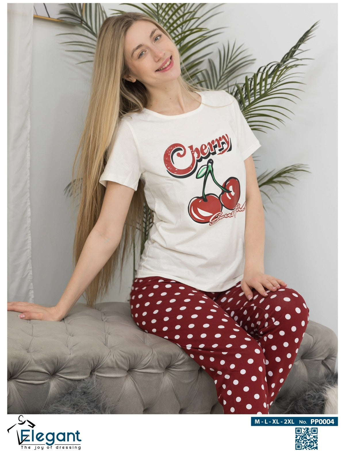 PJs Pants Cotton - Offwhite burgundy dots - Cherry