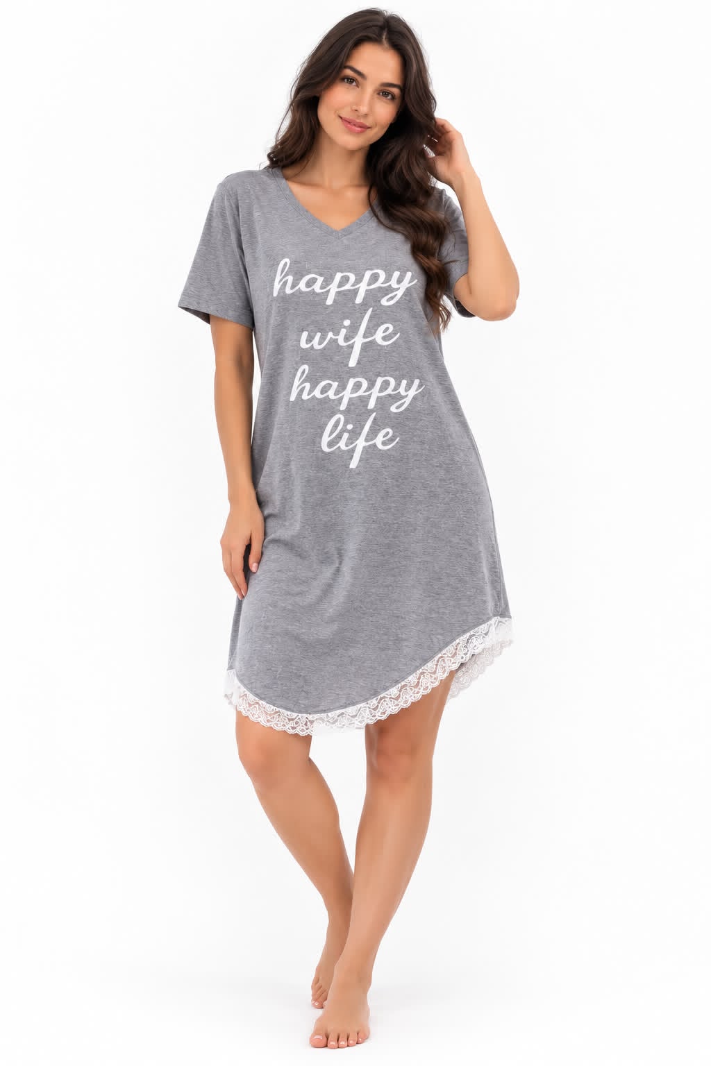 Nightshirt Cotton - Grey Melange - Happy Wife Happy Life