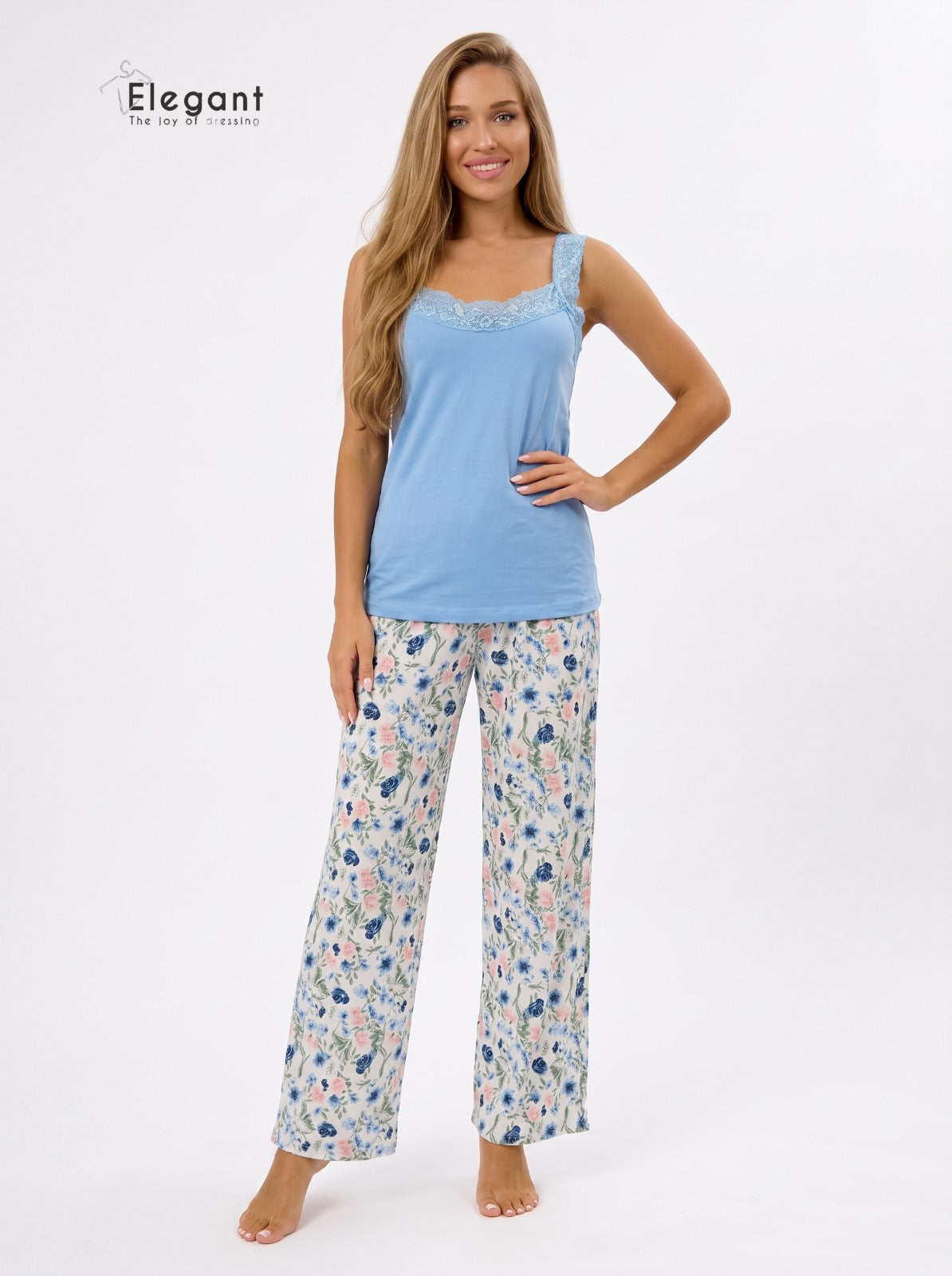 PJs Pants Cotton - Lace Straps - Blue Playful flowers