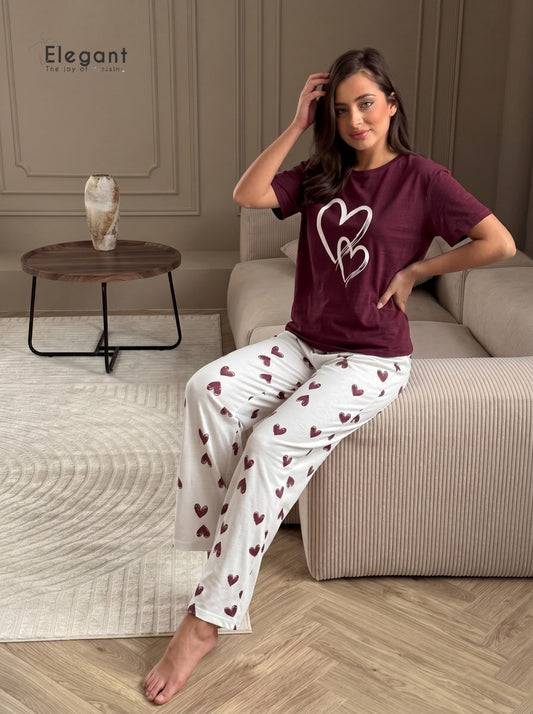 PJs Pants Cotton - Burgundy Minimal Heart