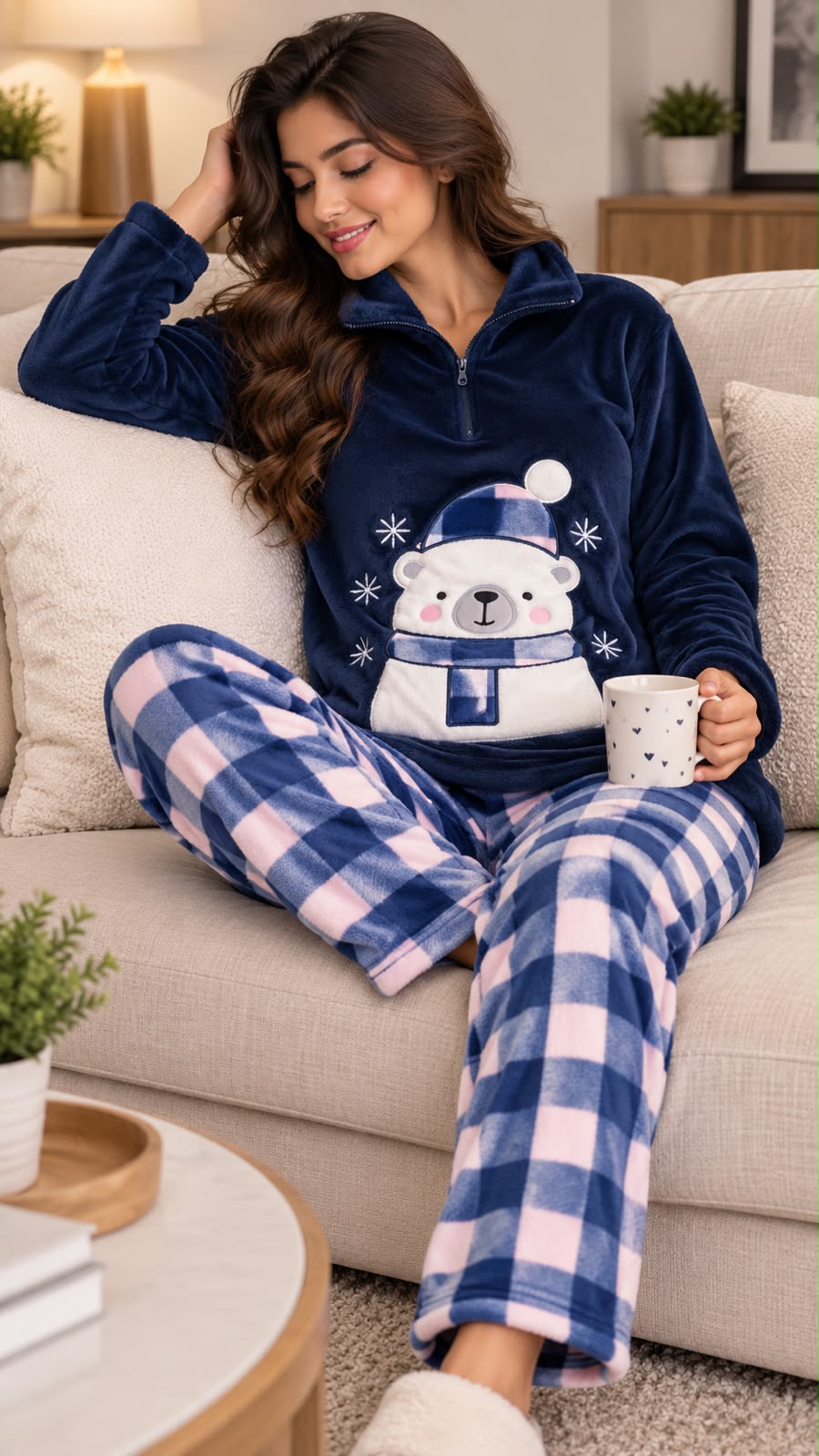 Polar PJ Collar Zipper - Navy Carreaux - Scarf Bear