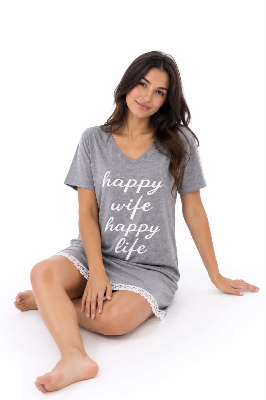 Nightshirt Cotton - Grey Melange - Happy Wife Happy Life