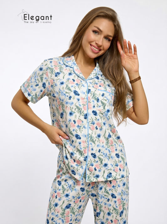 Classic PJ Pants Cotton Wide Leg Printed - Blue Petals
