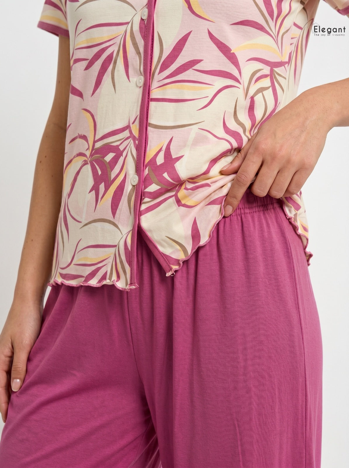 PJ Pants Button Up Viscose Wide Leg - Pink Dancing Palms