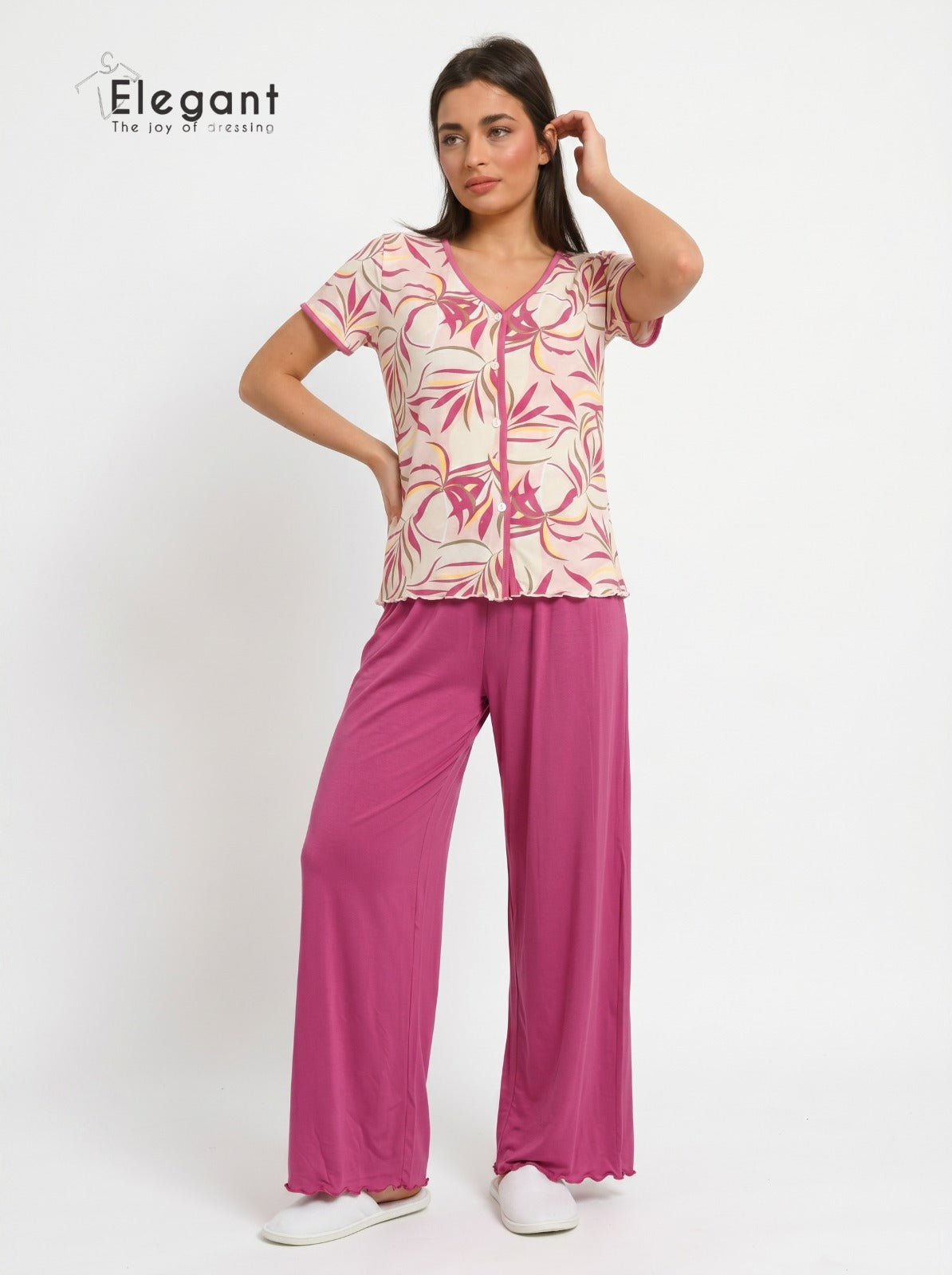 PJ Pants Button Up Viscose Wide Leg - Pink Dancing Palms