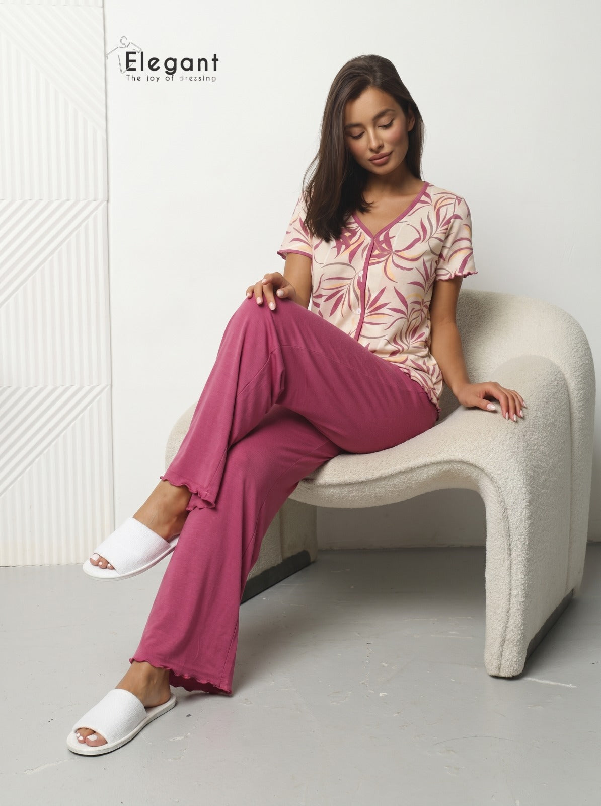 PJ Pants Button Up Viscose Wide Leg - Pink Dancing Palms