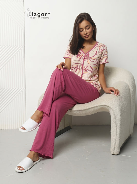 PJ Pants Button Up Viscose Wide Leg - Pink Dancing Palms