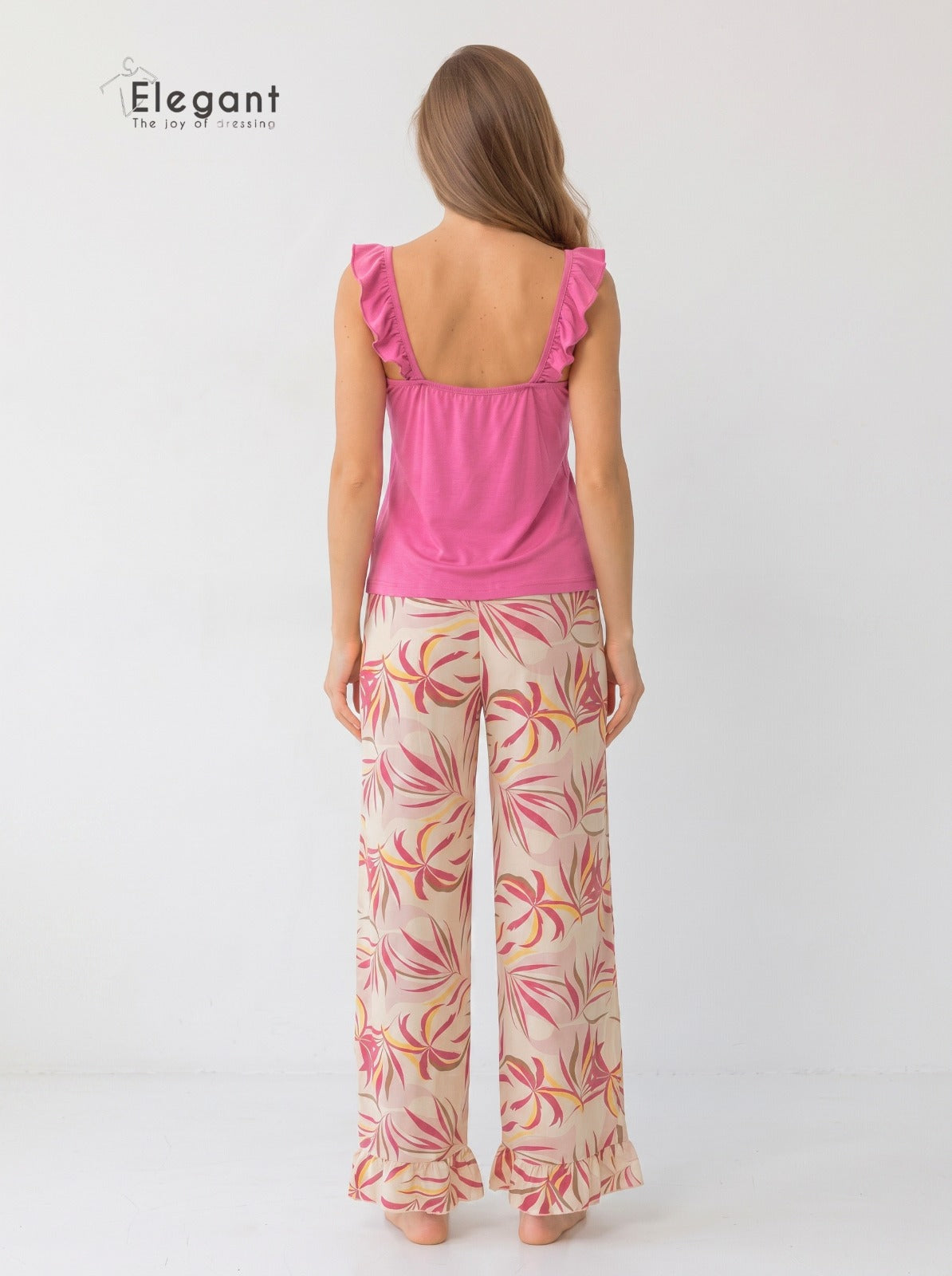 PJ Pants Viscose Wide Leg & Ruffles - Pink Dancing Palms