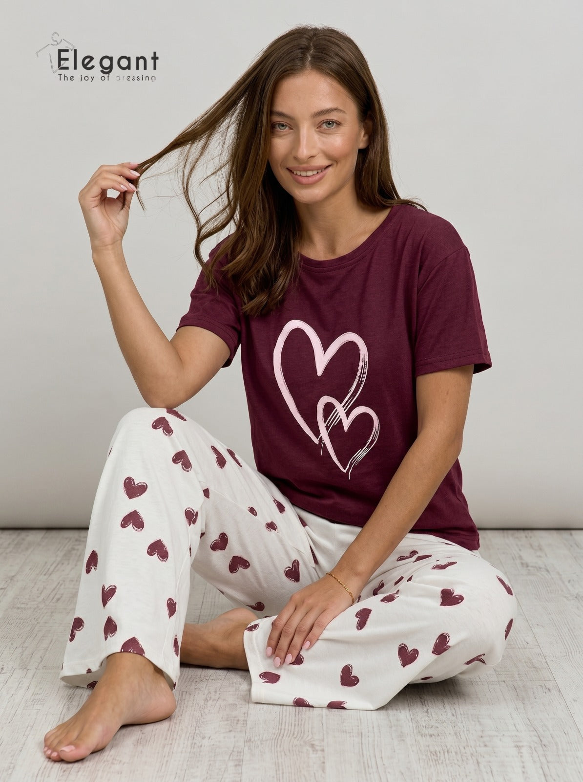 PJs Pants Cotton - Burgundy Minimal Heart