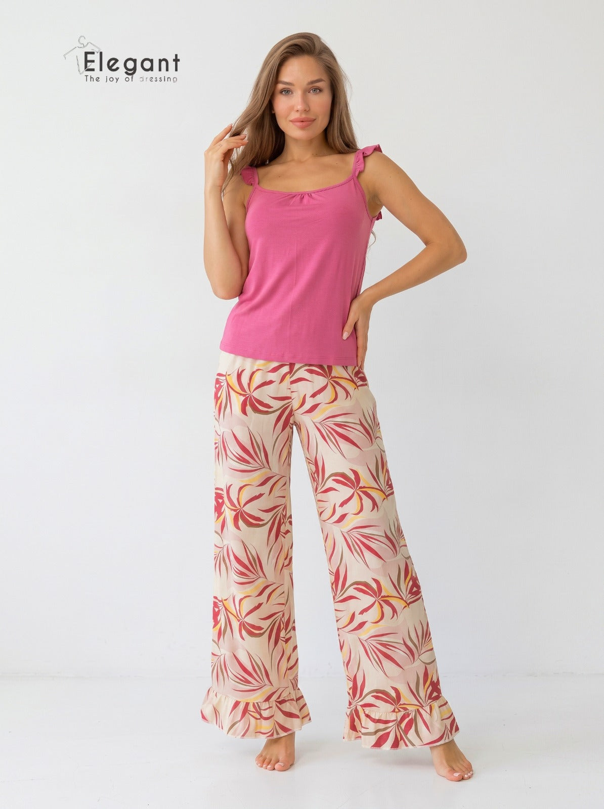 PJ Pants Viscose Wide Leg & Ruffles - Pink Dancing Palms