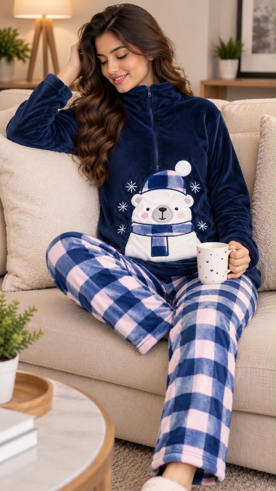 Polar PJ Collar Zipper - Navy Carreaux - Scarf Bear