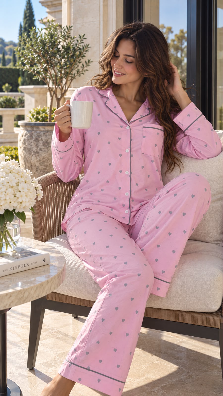 Cotton Long sleeves Wide Leg Classic PJ  - Pink Heartbeat