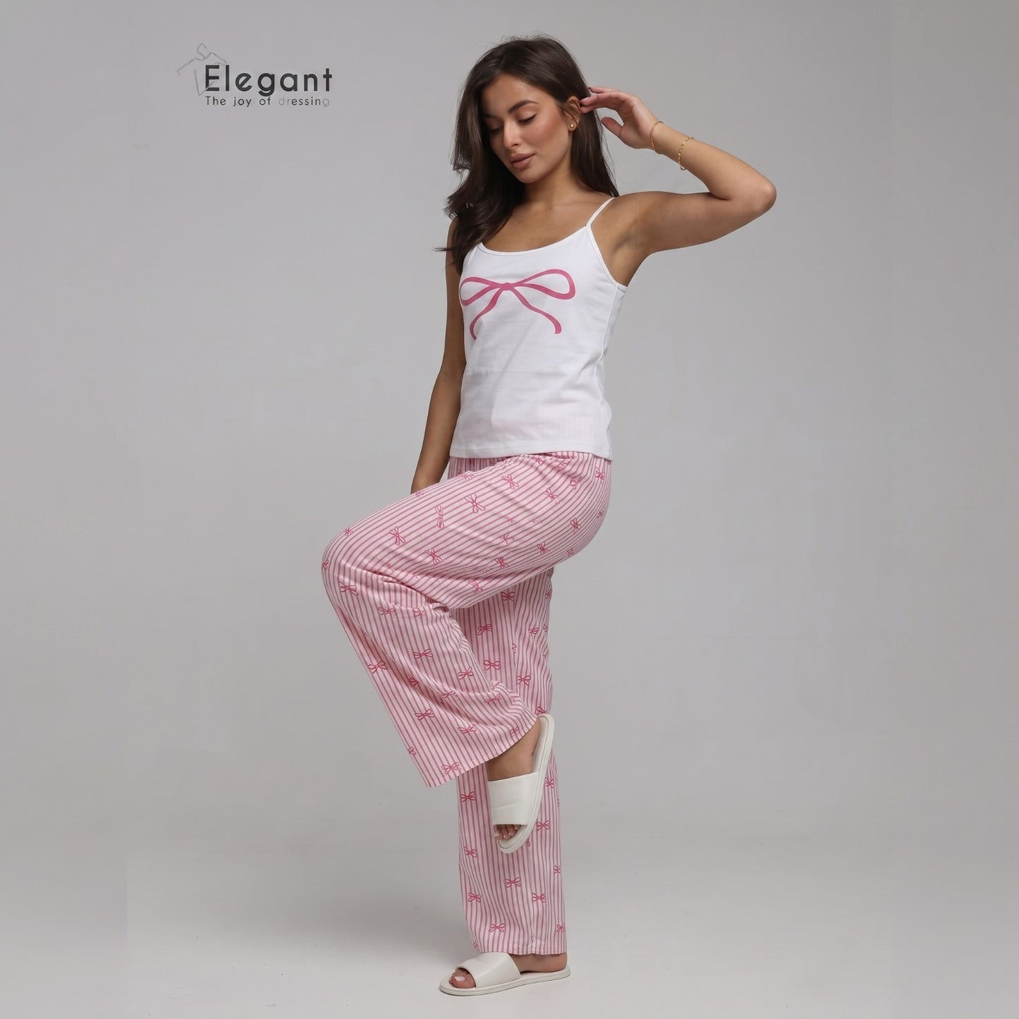 PJ Pants Cotton with straps - White Pink Bow