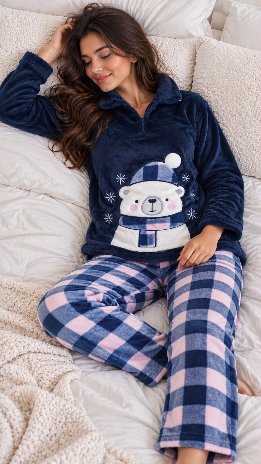Polar PJ Collar Zipper - Navy Carreaux - Scarf Bear