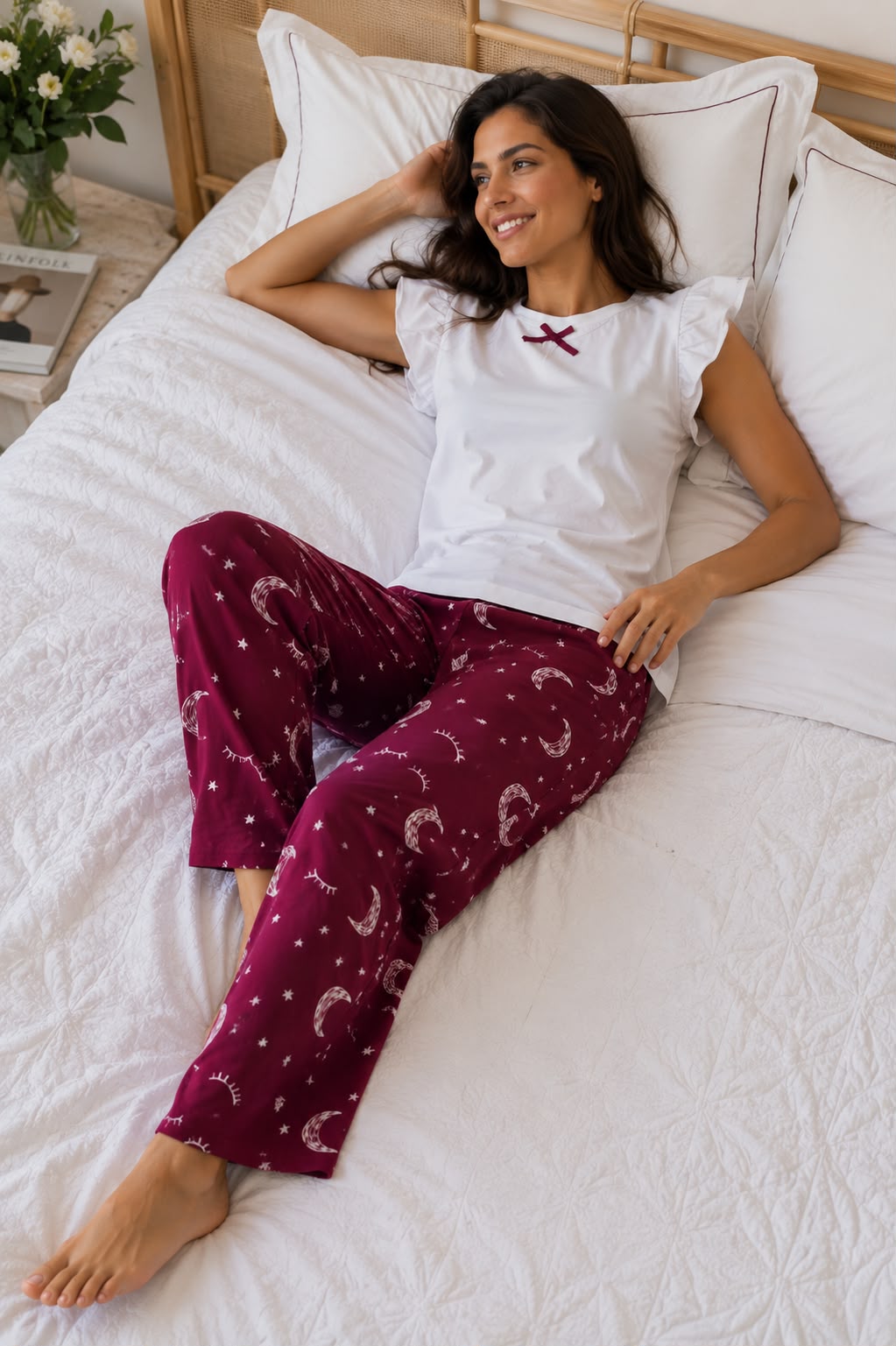 PJ Pants Cotton - Double Ruffles White Burgundy