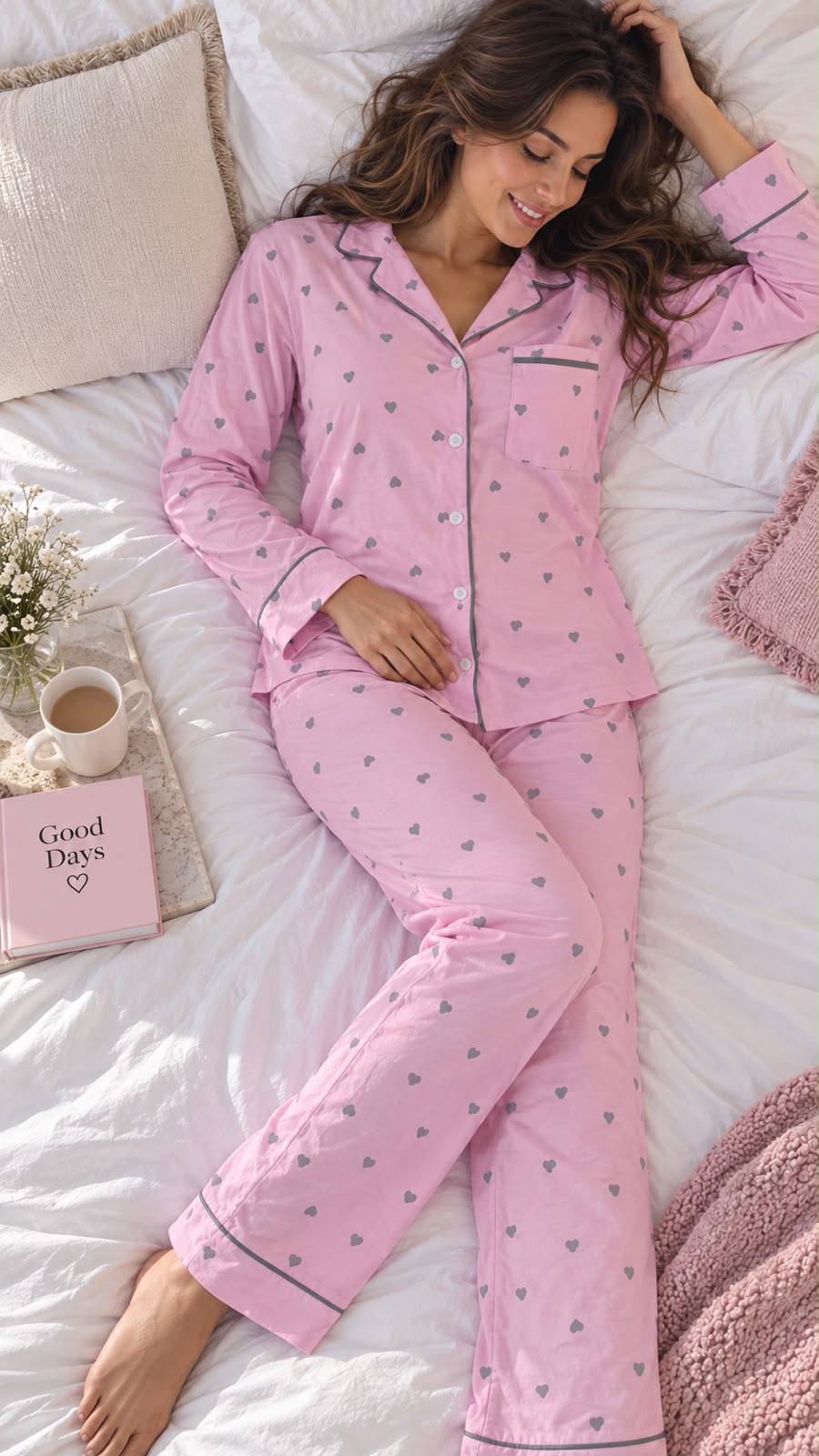 Cotton Long sleeves Wide Leg Classic PJ  - Pink Heartbeat