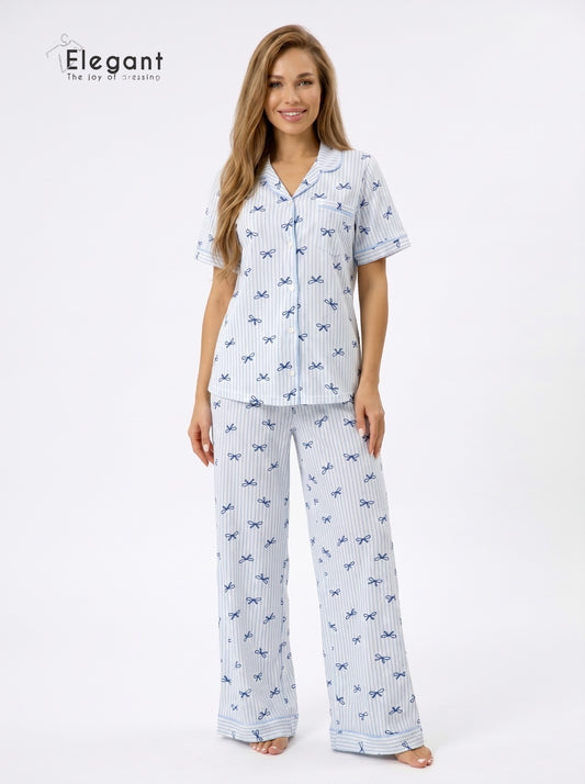 Classic PJ Pants Cotton Wide Leg Printed - My Classy Bow Blue