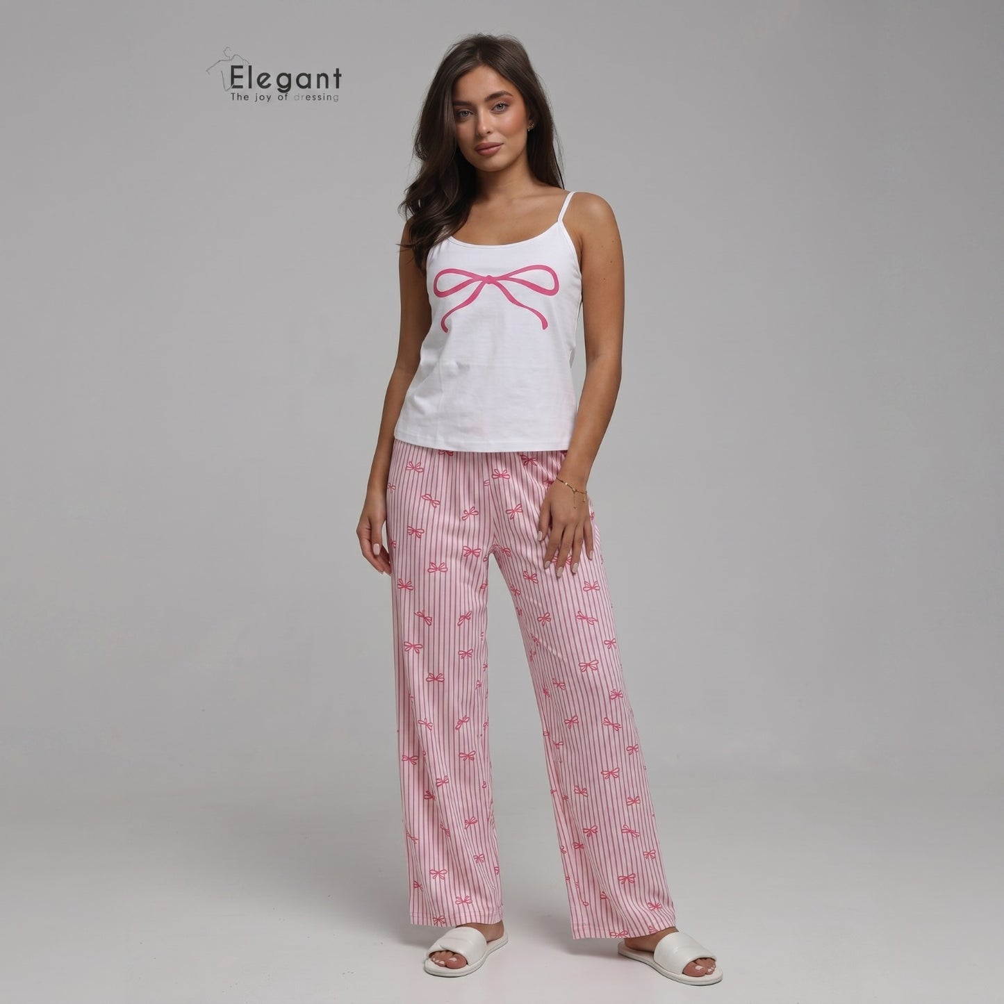 PJ Pants Cotton with straps - White Pink Bow