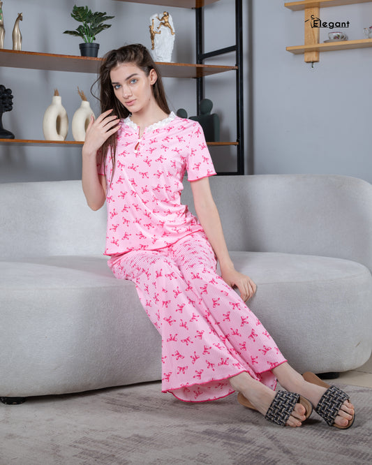 Ribbed V Neck PJ Pink - Bow