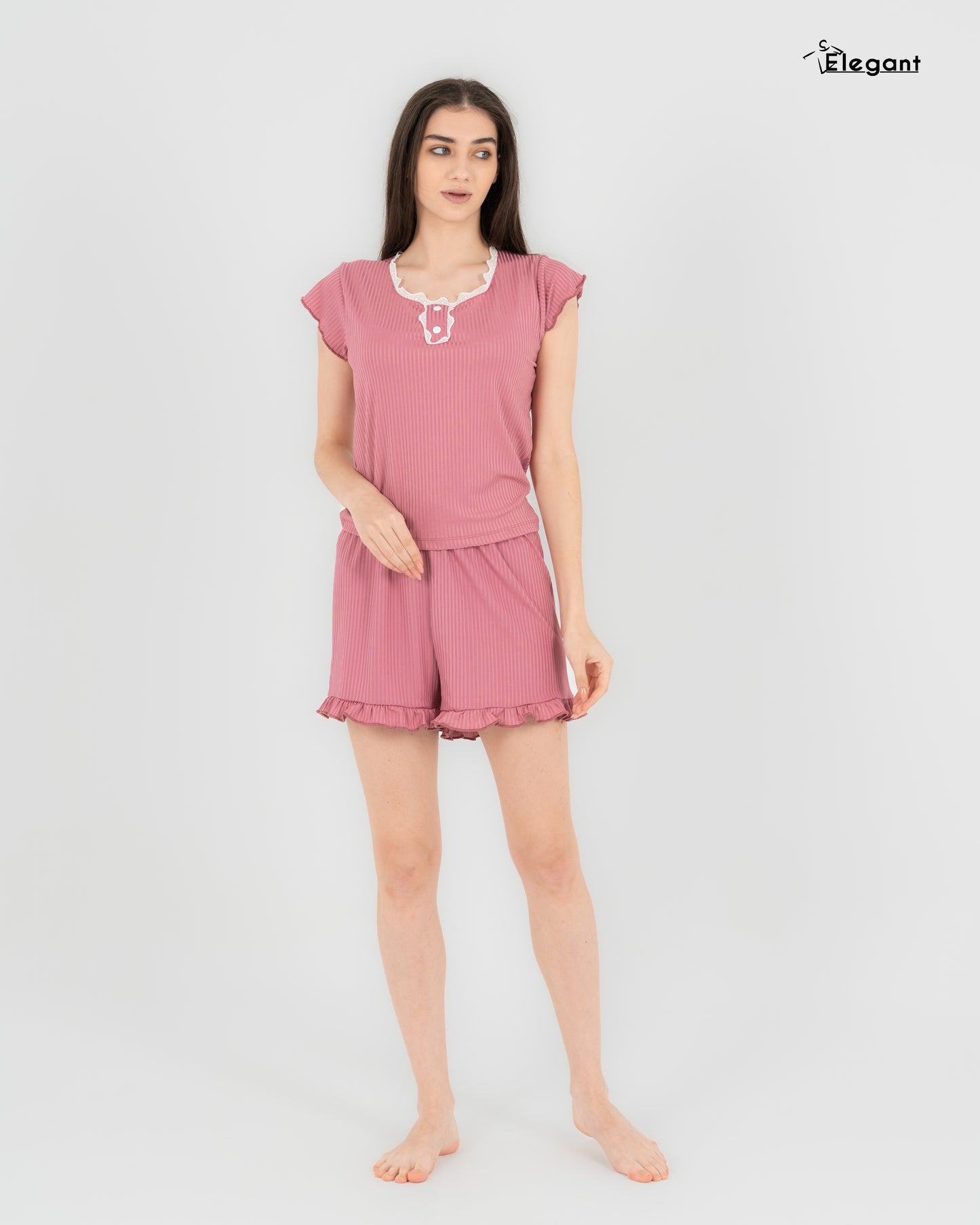 Ribbed PJ Shorts with Macrame - Cashmere