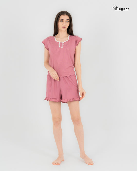 Ribbed PJ Shorts with Macrame - Cashmere