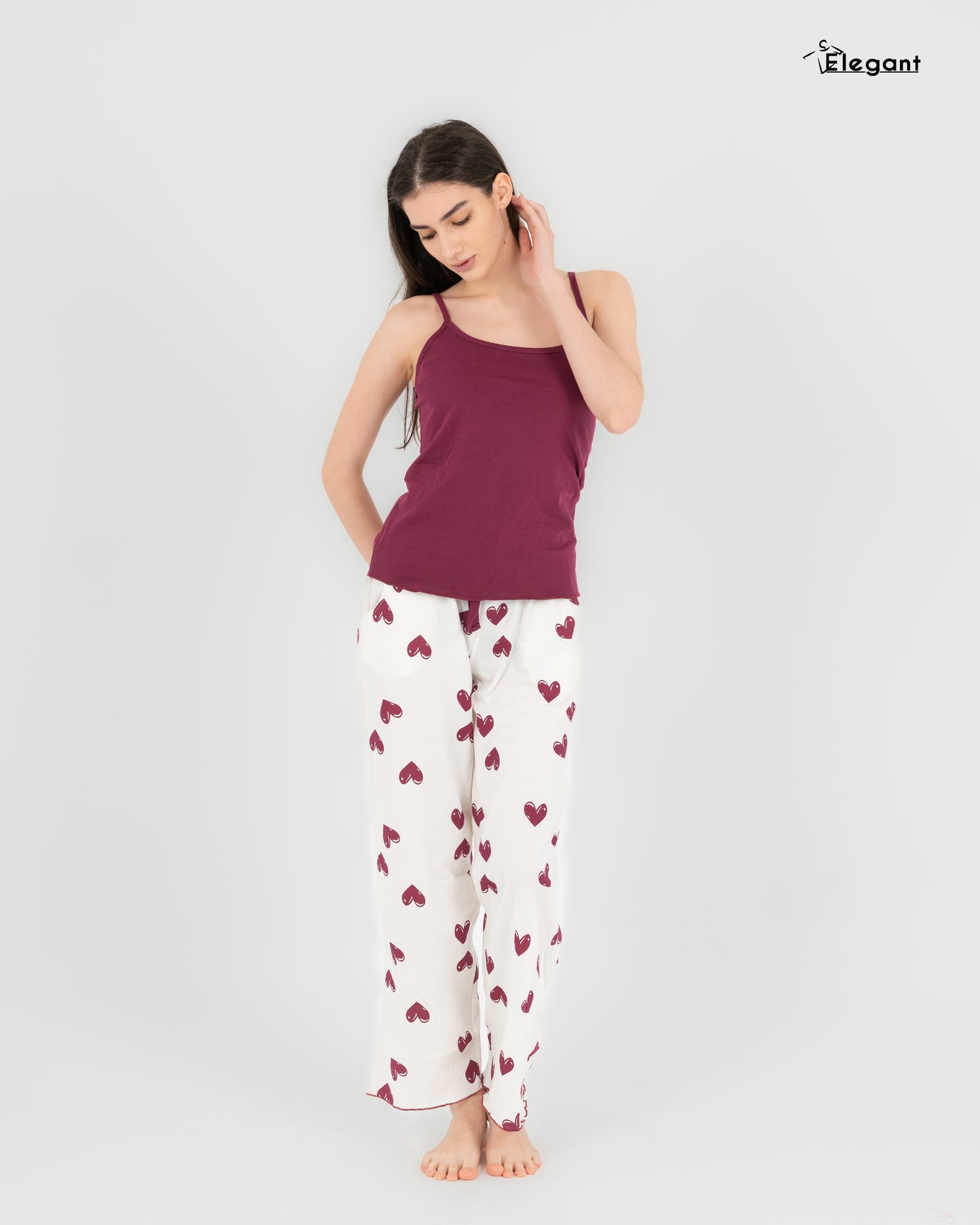 Straps PJs Pants Cotton - Burgundy Minimal Hearts