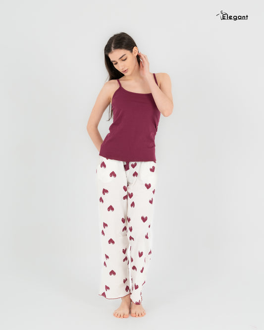 Straps PJs Pants Cotton - Burgundy Minimal Hearts