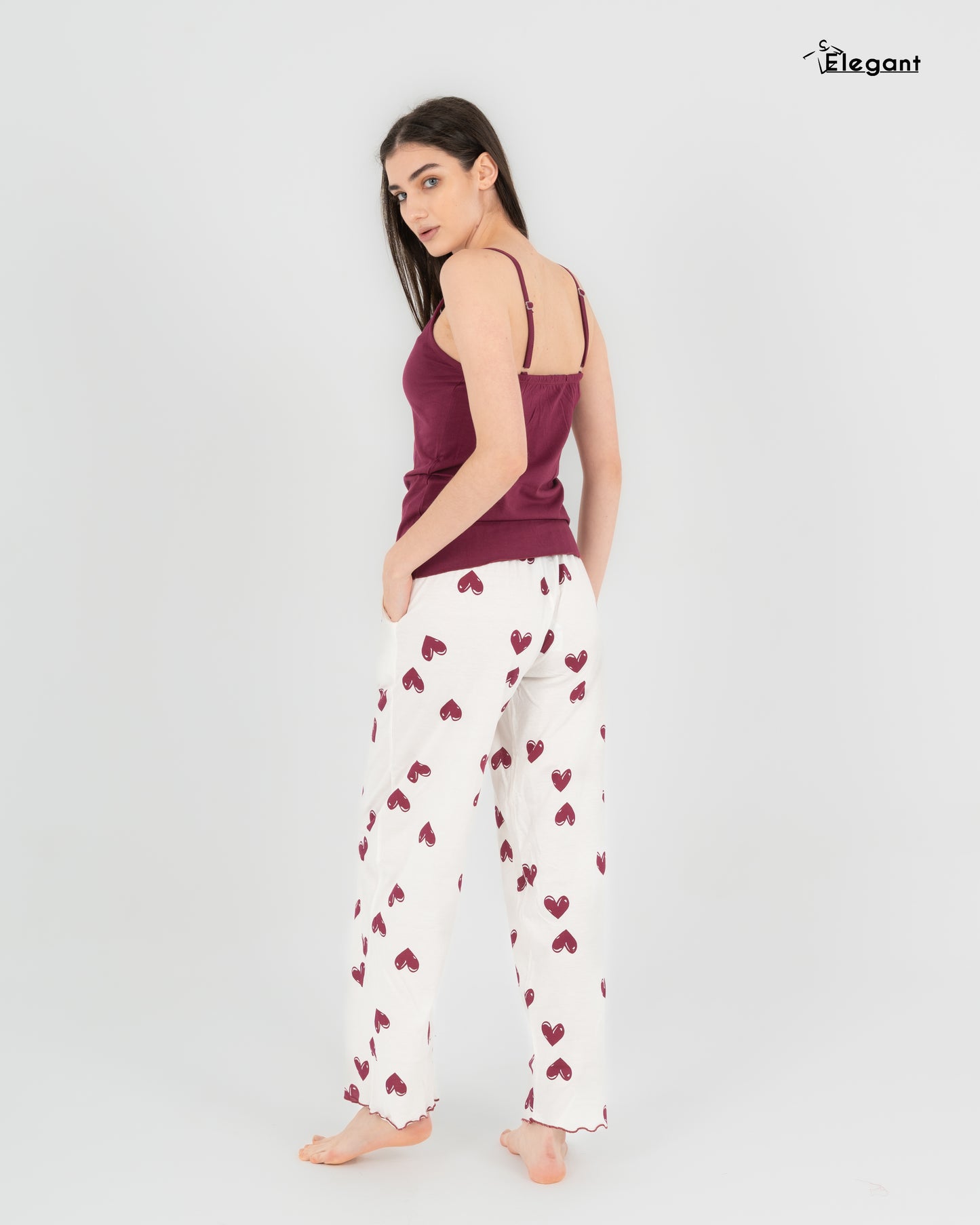 Straps PJs Pants Cotton - Burgundy Minimal Hearts