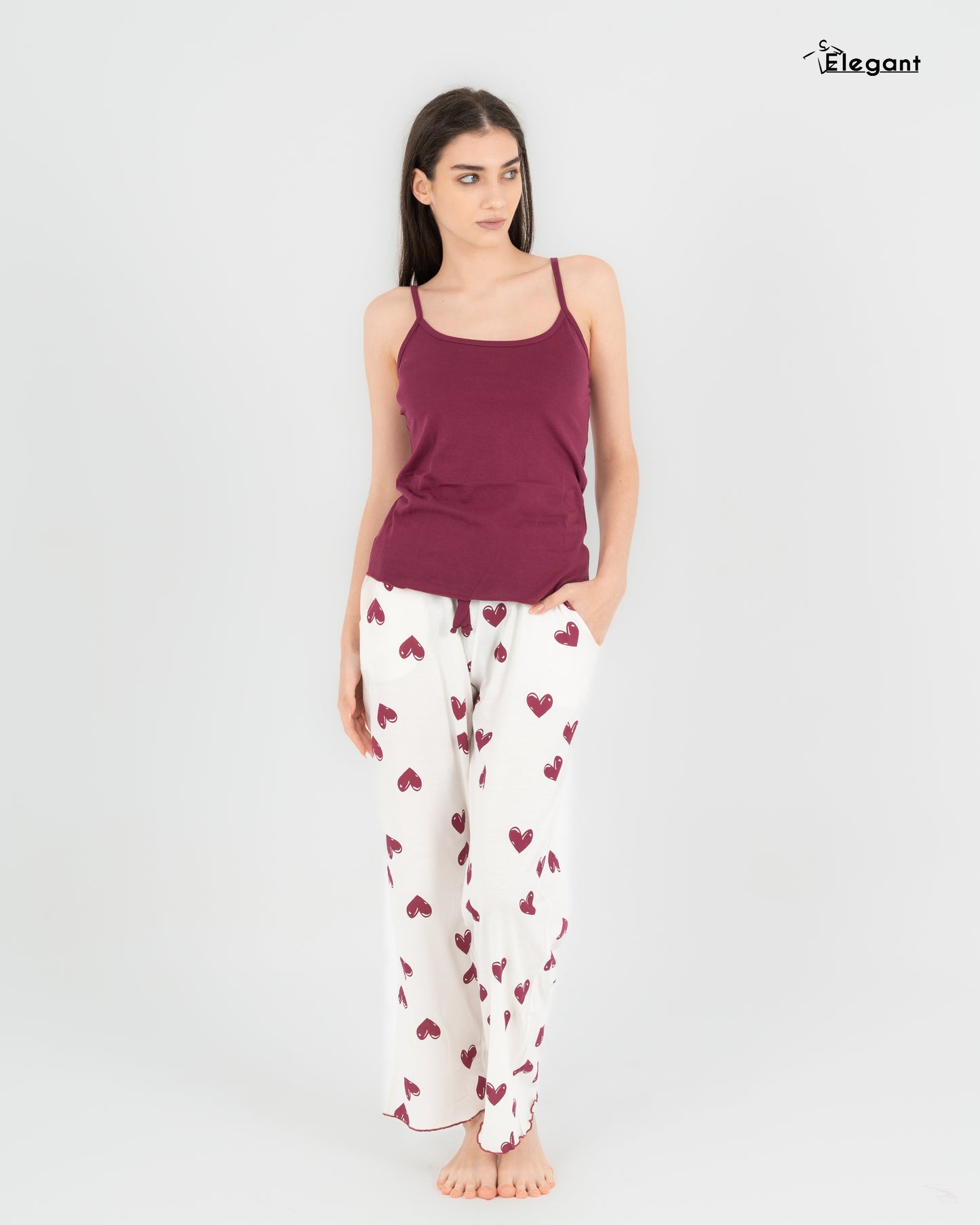 Straps PJs Pants Cotton - Burgundy Minimal Hearts