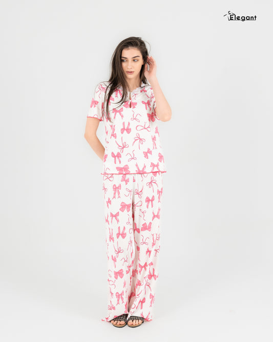 Ribbed V Neck PJ Offwhite - Bow