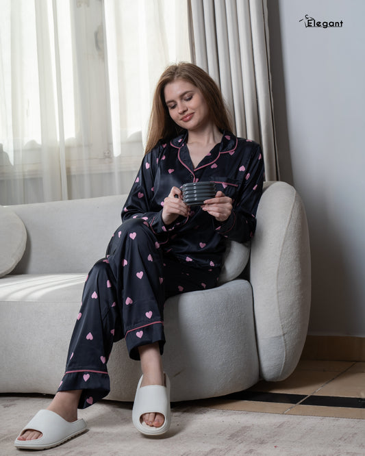 Satin Long sleeves Classic PJ Pants - Black Tender hearts