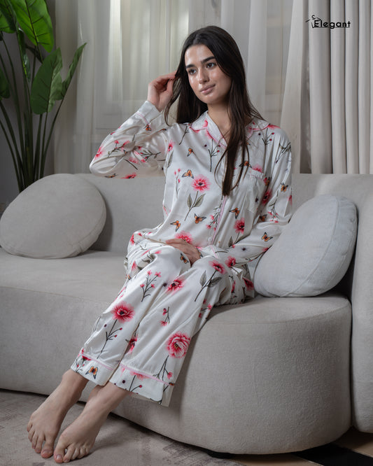 Satin Long sleeves Classic PJ Pants - Offwhite Spring