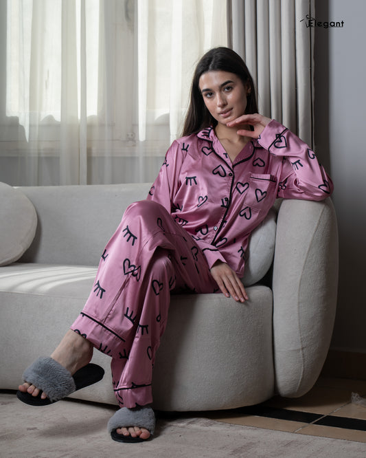 Satin Long sleeves Classic PJ Pants - Pink Winking Heart