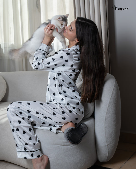 Satin Long sleeves Classic PJ Pants - White Tender hearts
