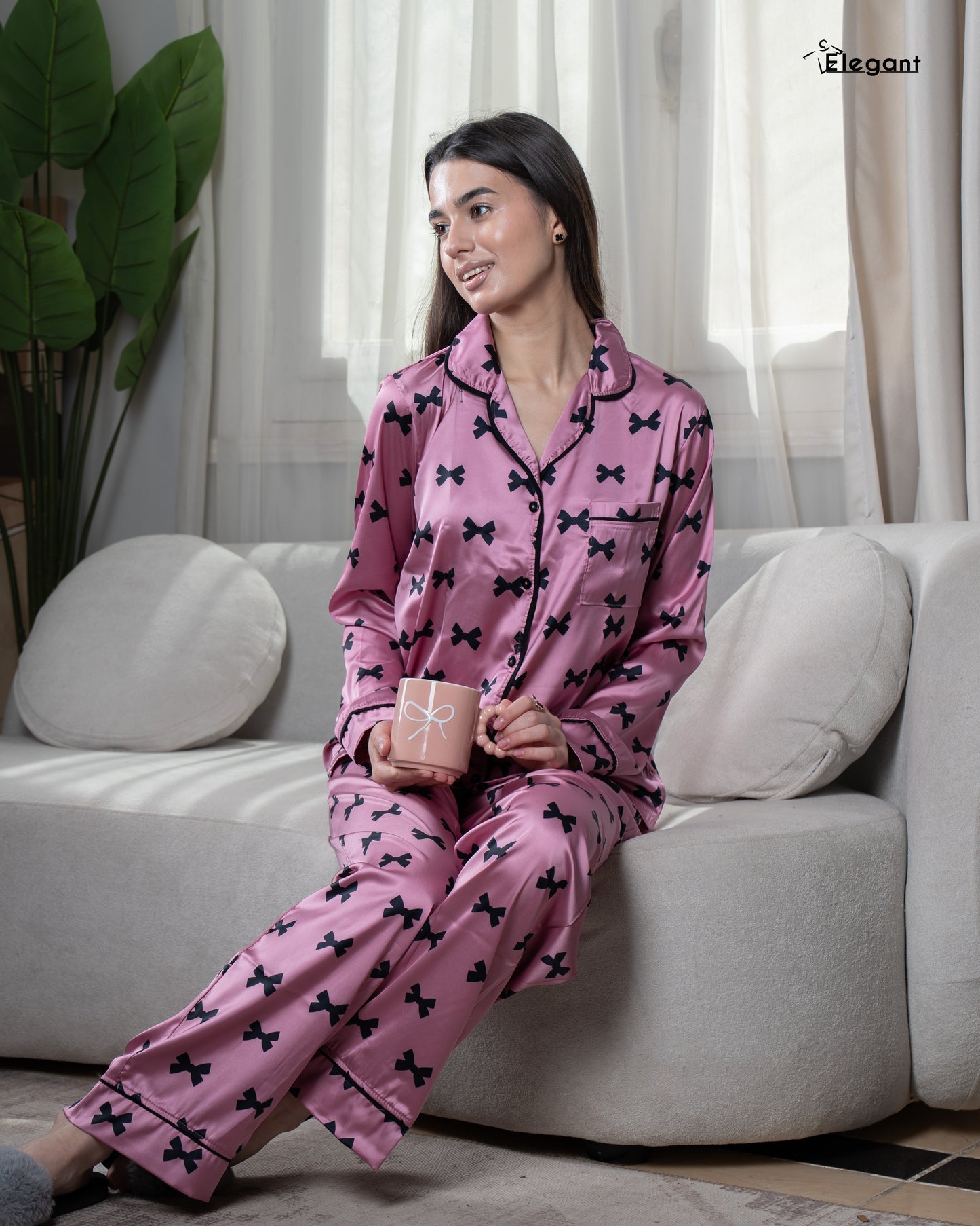 Satin Long sleeves Classic PJ Pants - Pink Bow Print
