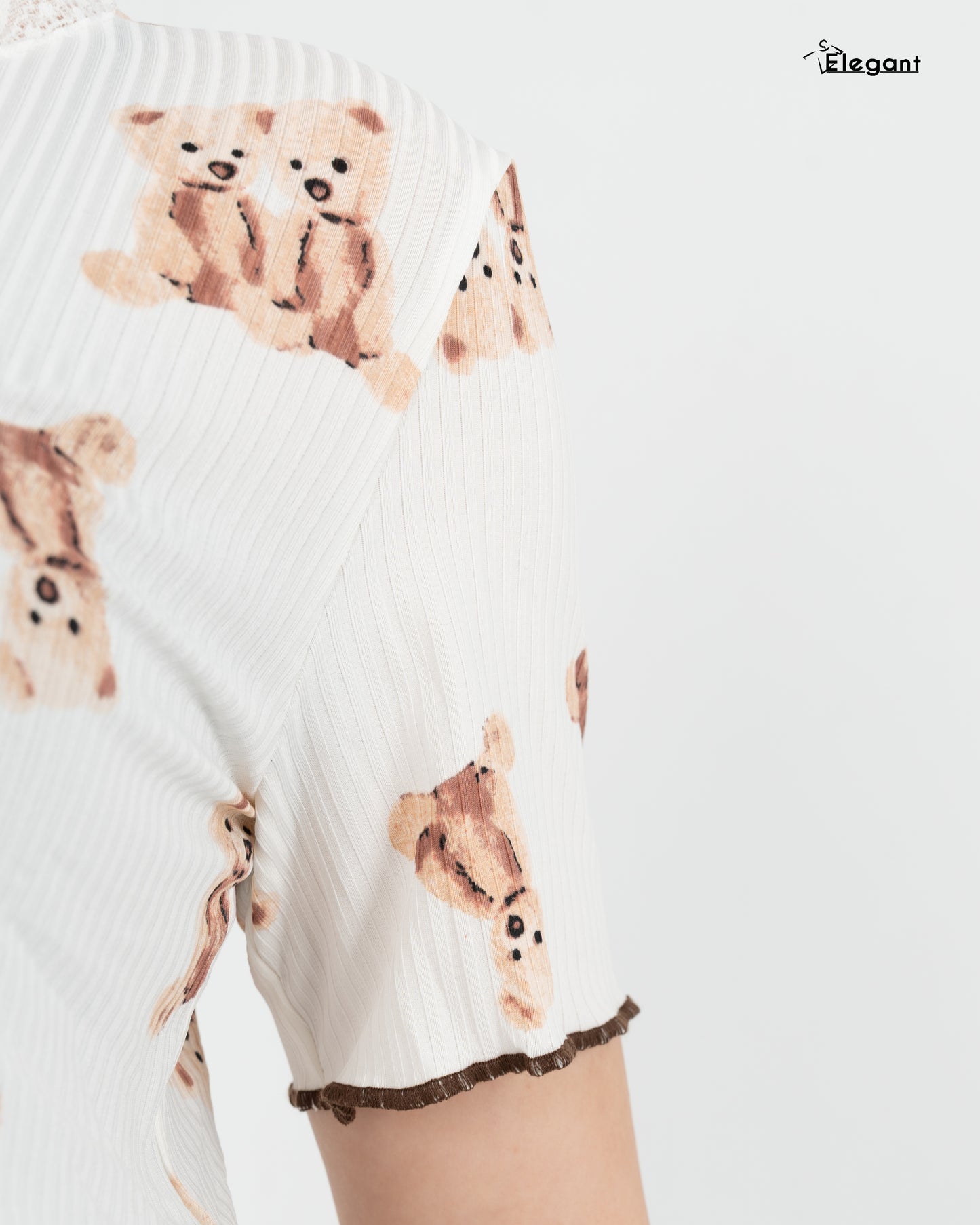 Ribbed V Neck PJ Offwhite Teddy Bear