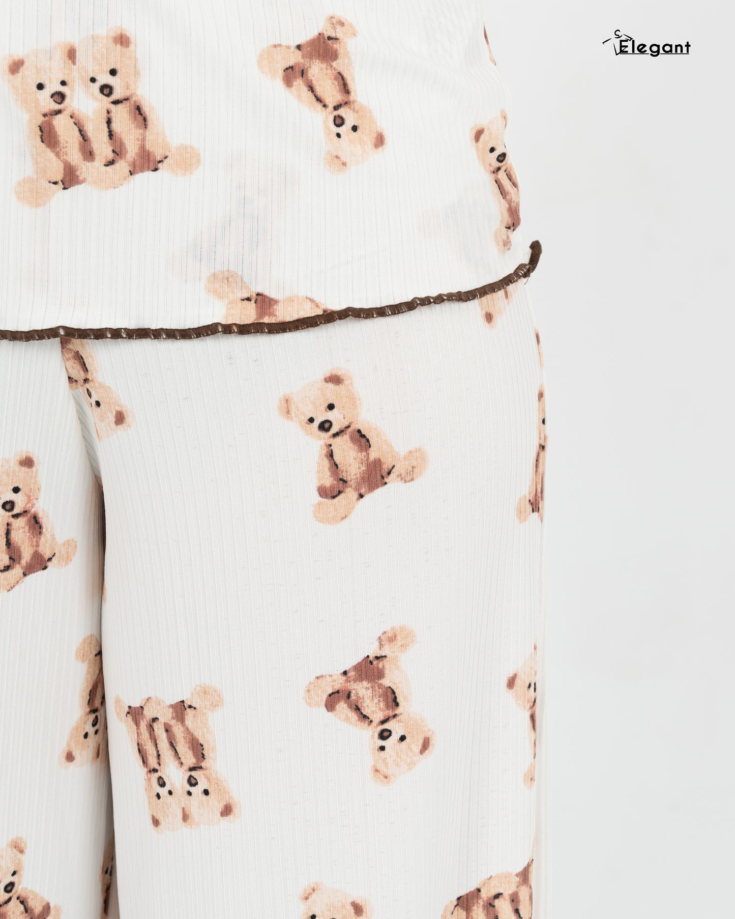 Ribbed V Neck PJ Offwhite Teddy Bear