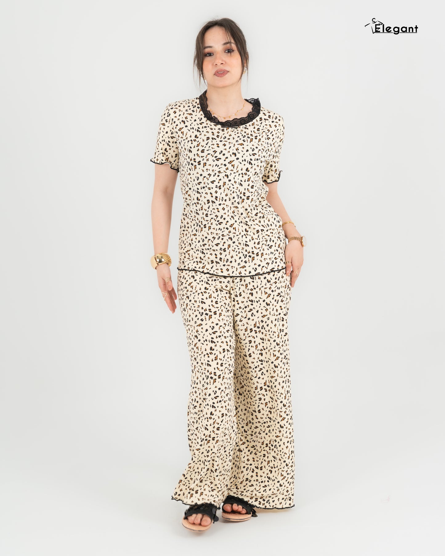 Ribbed V Neck SS PJ - Beige Tiger