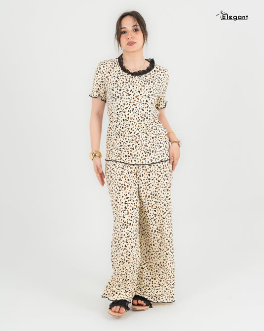 Ribbed V Neck SS PJ - Beige Tiger