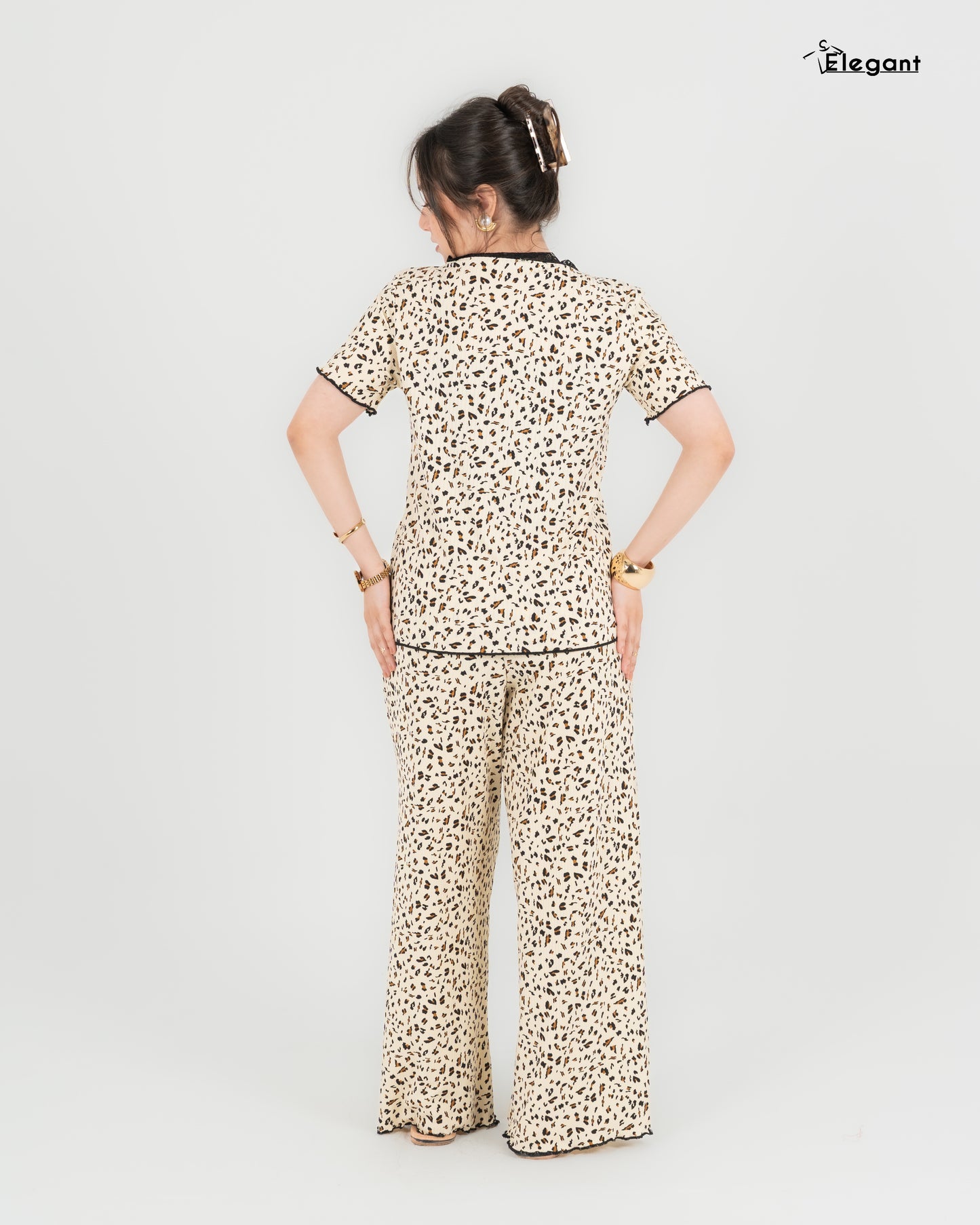 Ribbed V Neck SS PJ - Beige Tiger